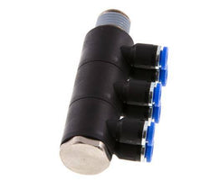 4mm x R1/4'' 6-way Manifold Push-in Fitting with Male Threads Brass/PA 66 NBR Rotatable