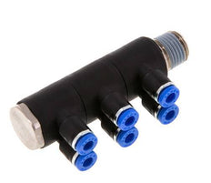 4mm x R1/4'' 6-way Manifold Push-in Fitting with Male Threads Brass/PA 66 NBR Rotatable