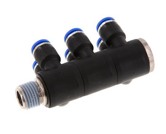 6mm x R1/4'' 6-way Manifold Push-in Fitting with Male Threads Brass/PA 66 NBR Rotatable