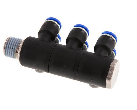 6mm x R1/4'' 6-way Manifold Push-in Fitting with Male Threads Brass/PA 66 NBR Rotatable