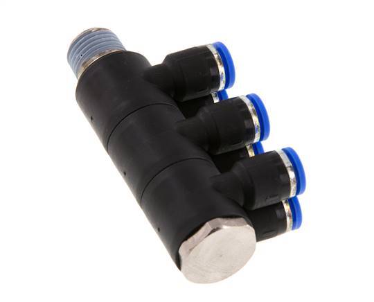 6mm x R1/4'' 6-way Manifold Push-in Fitting with Male Threads Brass/PA 66 NBR Rotatable