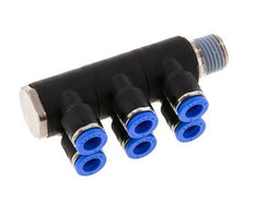 6mm x R1/4'' 6-way Manifold Push-in Fitting with Male Threads Brass/PA 66 NBR Rotatable