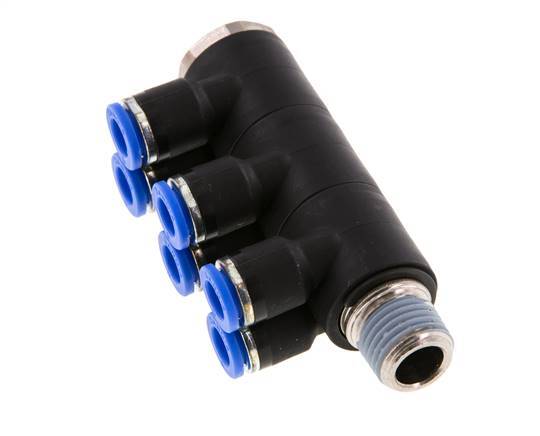 6mm x R1/4'' 6-way Manifold Push-in Fitting with Male Threads Brass/PA 66 NBR Rotatable