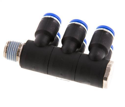 8mm x R1/4'' 6-way Manifold Push-in Fitting with Male Threads Brass/PA 66 NBR Rotatable