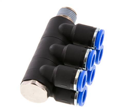 8mm x R1/4'' 6-way Manifold Push-in Fitting with Male Threads Brass/PA 66 NBR Rotatable