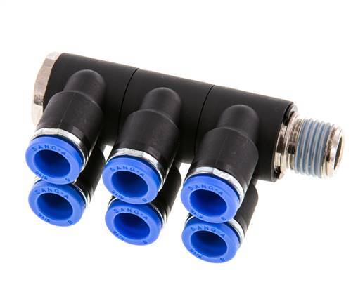 8mm x R1/4'' 6-way Manifold Push-in Fitting with Male Threads Brass/PA 66 NBR Rotatable