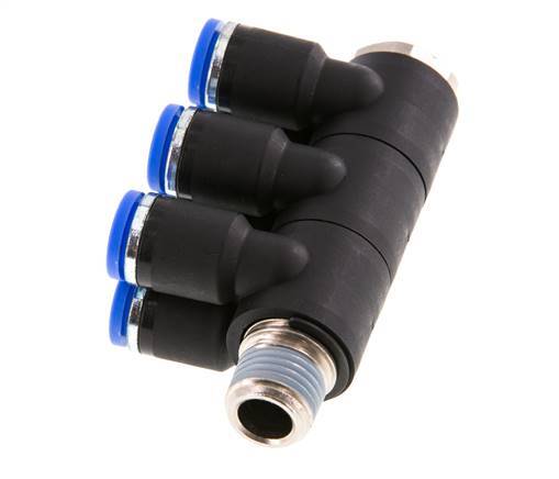 8mm x R1/4'' 6-way Manifold Push-in Fitting with Male Threads Brass/PA 66 NBR Rotatable