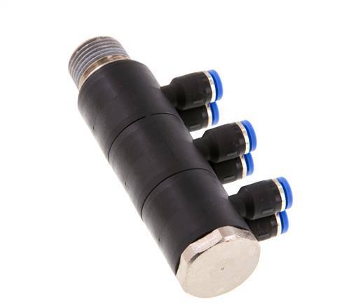 4mm x R3/8'' 6-way Manifold Push-in Fitting with Male Threads Brass/PA 66 NBR Rotatable