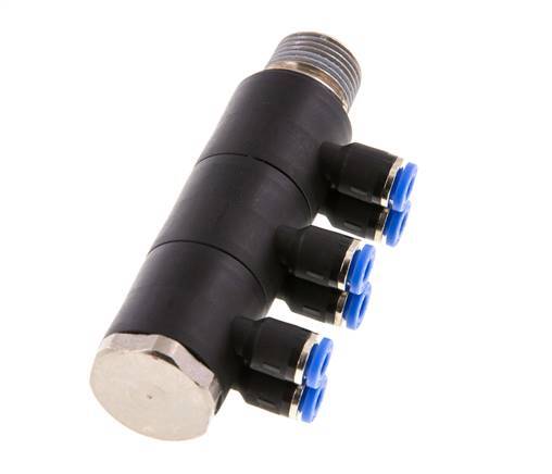 4mm x R3/8'' 6-way Manifold Push-in Fitting with Male Threads Brass/PA 66 NBR Rotatable