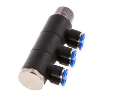 4mm x R3/8'' 6-way Manifold Push-in Fitting with Male Threads Brass/PA 66 NBR Rotatable