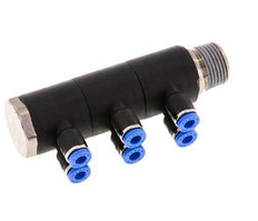 4mm x R3/8'' 6-way Manifold Push-in Fitting with Male Threads Brass/PA 66 NBR Rotatable