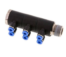 4mm x R3/8'' 6-way Manifold Push-in Fitting with Male Threads Brass/PA 66 NBR Rotatable