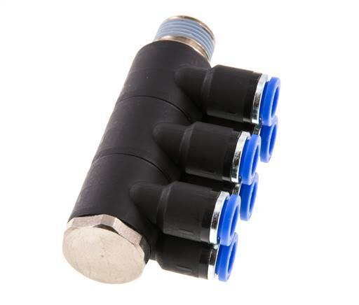 8mm x R3/8'' 6-way Manifold Push-in Fitting with Male Threads Brass/PA 66 NBR Rotatable