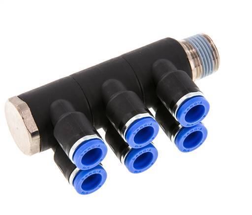 8mm x R3/8'' 6-way Manifold Push-in Fitting with Male Threads Brass/PA 66 NBR Rotatable