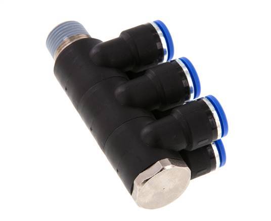 10mm x R3/8'' 6-way Manifold Push-in Fitting with Male Threads Brass/PA 66 NBR Rotatable