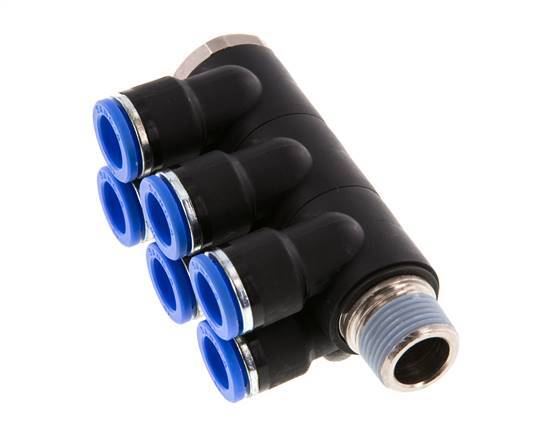 10mm x R3/8'' 6-way Manifold Push-in Fitting with Male Threads Brass/PA 66 NBR Rotatable