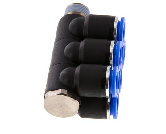12mm x R3/8'' 6-way Manifold Push-in Fitting with Male Threads Brass/PA 66 NBR Rotatable