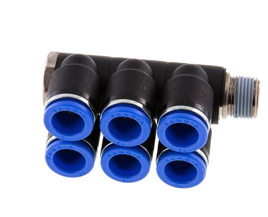 12mm x R3/8'' 6-way Manifold Push-in Fitting with Male Threads Brass/PA 66 NBR Rotatable