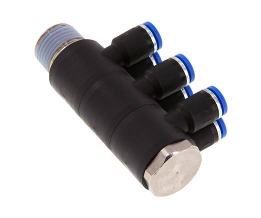 8mm x R1/2'' 6-way Manifold Push-in Fitting with Male Threads Brass/PA 66 NBR Rotatable