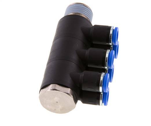 8mm x R1/2'' 6-way Manifold Push-in Fitting with Male Threads Brass/PA 66 NBR Rotatable