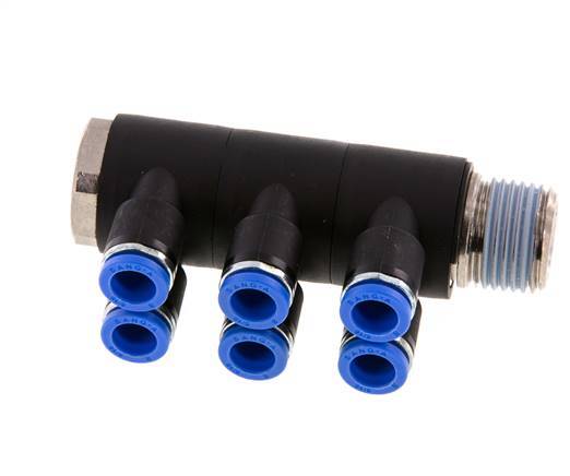 8mm x R1/2'' 6-way Manifold Push-in Fitting with Male Threads Brass/PA 66 NBR Rotatable