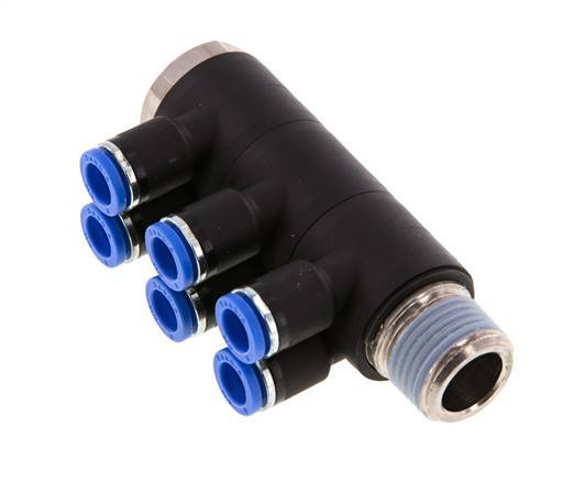 8mm x R1/2'' 6-way Manifold Push-in Fitting with Male Threads Brass/PA 66 NBR Rotatable