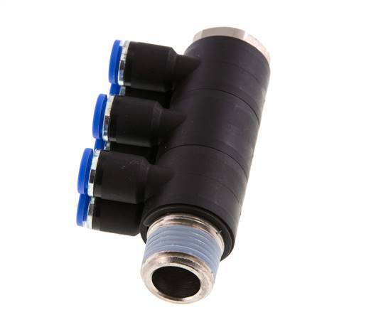 8mm x R1/2'' 6-way Manifold Push-in Fitting with Male Threads Brass/PA 66 NBR Rotatable
