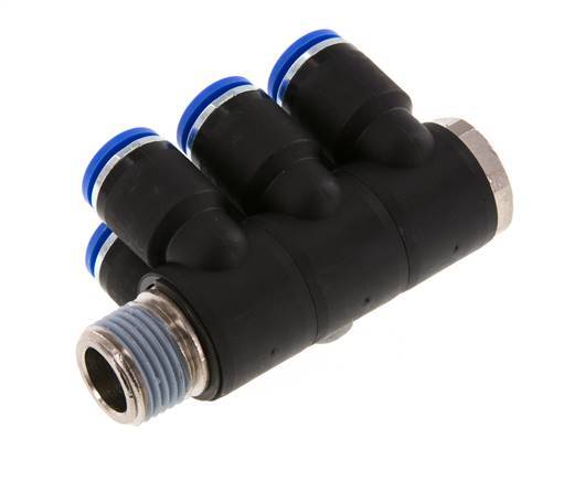 12mm x R1/2'' 6-way Manifold Push-in Fitting with Male Threads Brass/PA 66 NBR Rotatable