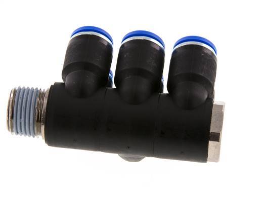 12mm x R1/2'' 6-way Manifold Push-in Fitting with Male Threads Brass/PA 66 NBR Rotatable