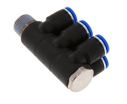 12mm x R1/2'' 6-way Manifold Push-in Fitting with Male Threads Brass/PA 66 NBR Rotatable