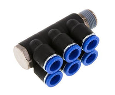 12mm x R1/2'' 6-way Manifold Push-in Fitting with Male Threads Brass/PA 66 NBR Rotatable