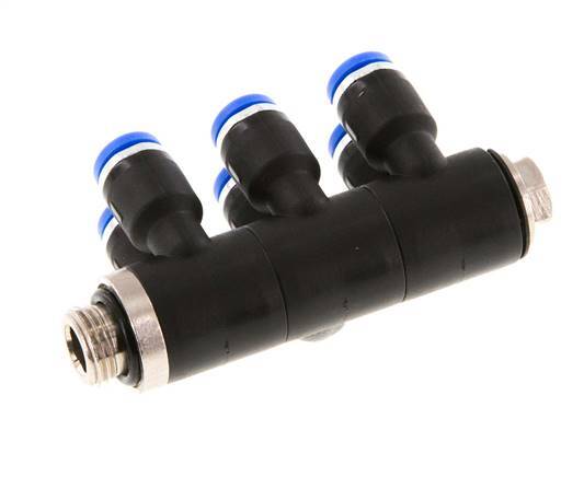 4mm x G1/8'' 6-way Manifold Push-in Fitting with Male Threads Brass/PA 66 NBR Rotatable