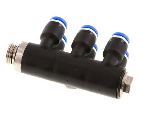 4mm x G1/8'' 6-way Manifold Push-in Fitting with Male Threads Brass/PA 66 NBR Rotatable