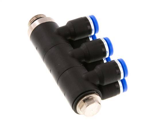 4mm x G1/8'' 6-way Manifold Push-in Fitting with Male Threads Brass/PA 66 NBR Rotatable