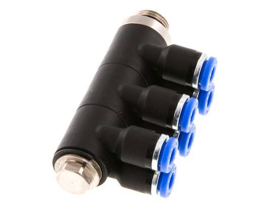 4mm x G1/8'' 6-way Manifold Push-in Fitting with Male Threads Brass/PA 66 NBR Rotatable