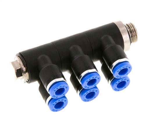 4mm x G1/8'' 6-way Manifold Push-in Fitting with Male Threads Brass/PA 66 NBR Rotatable