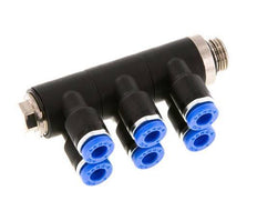 4mm x G1/8'' 6-way Manifold Push-in Fitting with Male Threads Brass/PA 66 NBR Rotatable