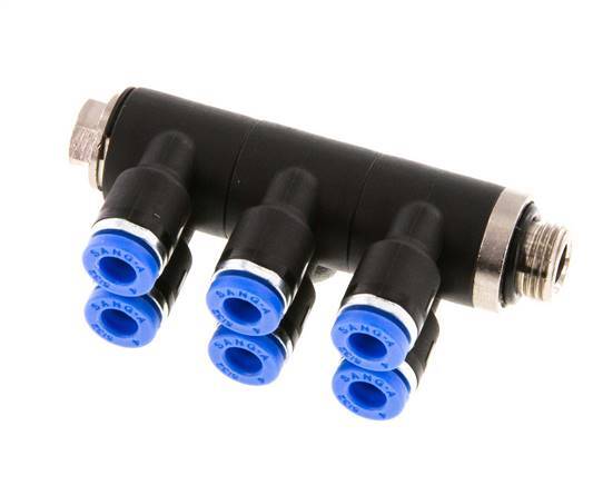4mm x G1/8'' 6-way Manifold Push-in Fitting with Male Threads Brass/PA 66 NBR Rotatable
