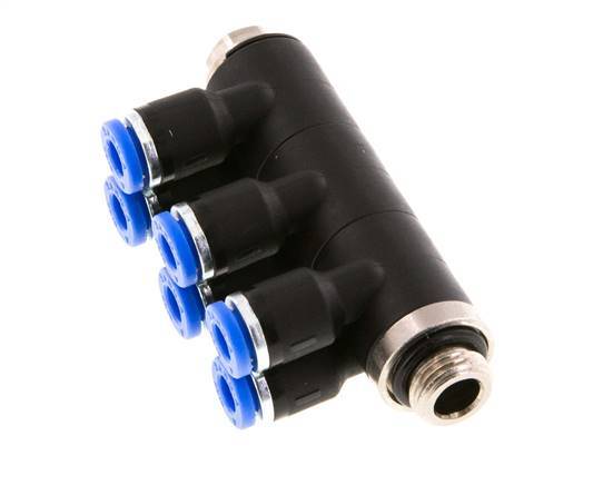 4mm x G1/8'' 6-way Manifold Push-in Fitting with Male Threads Brass/PA 66 NBR Rotatable