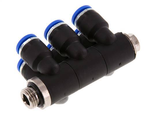 6mm x G1/8'' 6-way Manifold Push-in Fitting with Male Threads Brass/PA 66 NBR Rotatable