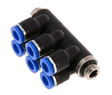 6mm x G1/8'' 6-way Manifold Push-in Fitting with Male Threads Brass/PA 66 NBR Rotatable
