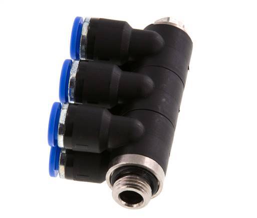 6mm x G1/8'' 6-way Manifold Push-in Fitting with Male Threads Brass/PA 66 NBR Rotatable