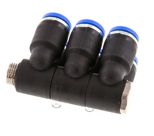 8mm x G1/8'' 6-way Manifold Push-in Fitting with Male Threads Brass/PA 66 NBR Rotatable