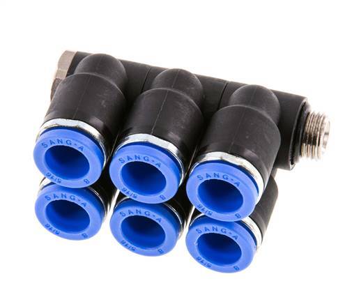 8mm x G1/8'' 6-way Manifold Push-in Fitting with Male Threads Brass/PA 66 NBR Rotatable