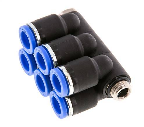 8mm x G1/8'' 6-way Manifold Push-in Fitting with Male Threads Brass/PA 66 NBR Rotatable