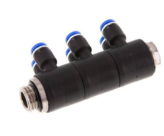 4mm x G1/4'' 6-way Manifold Push-in Fitting with Male Threads Brass/PA 66 NBR Rotatable