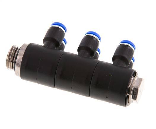 4mm x G1/4'' 6-way Manifold Push-in Fitting with Male Threads Brass/PA 66 NBR Rotatable