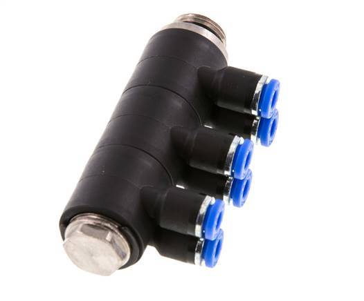 4mm x G1/4'' 6-way Manifold Push-in Fitting with Male Threads Brass/PA 66 NBR Rotatable