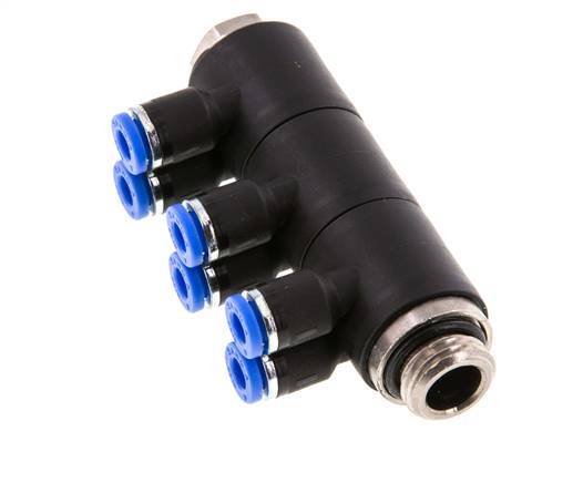 4mm x G1/4'' 6-way Manifold Push-in Fitting with Male Threads Brass/PA 66 NBR Rotatable
