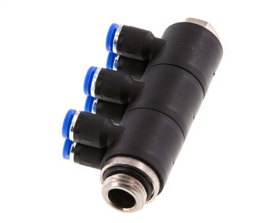 4mm x G1/4'' 6-way Manifold Push-in Fitting with Male Threads Brass/PA 66 NBR Rotatable